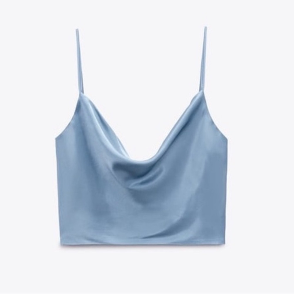 NWT ZARA Satin short top 4437/062 in liquid light blue XS